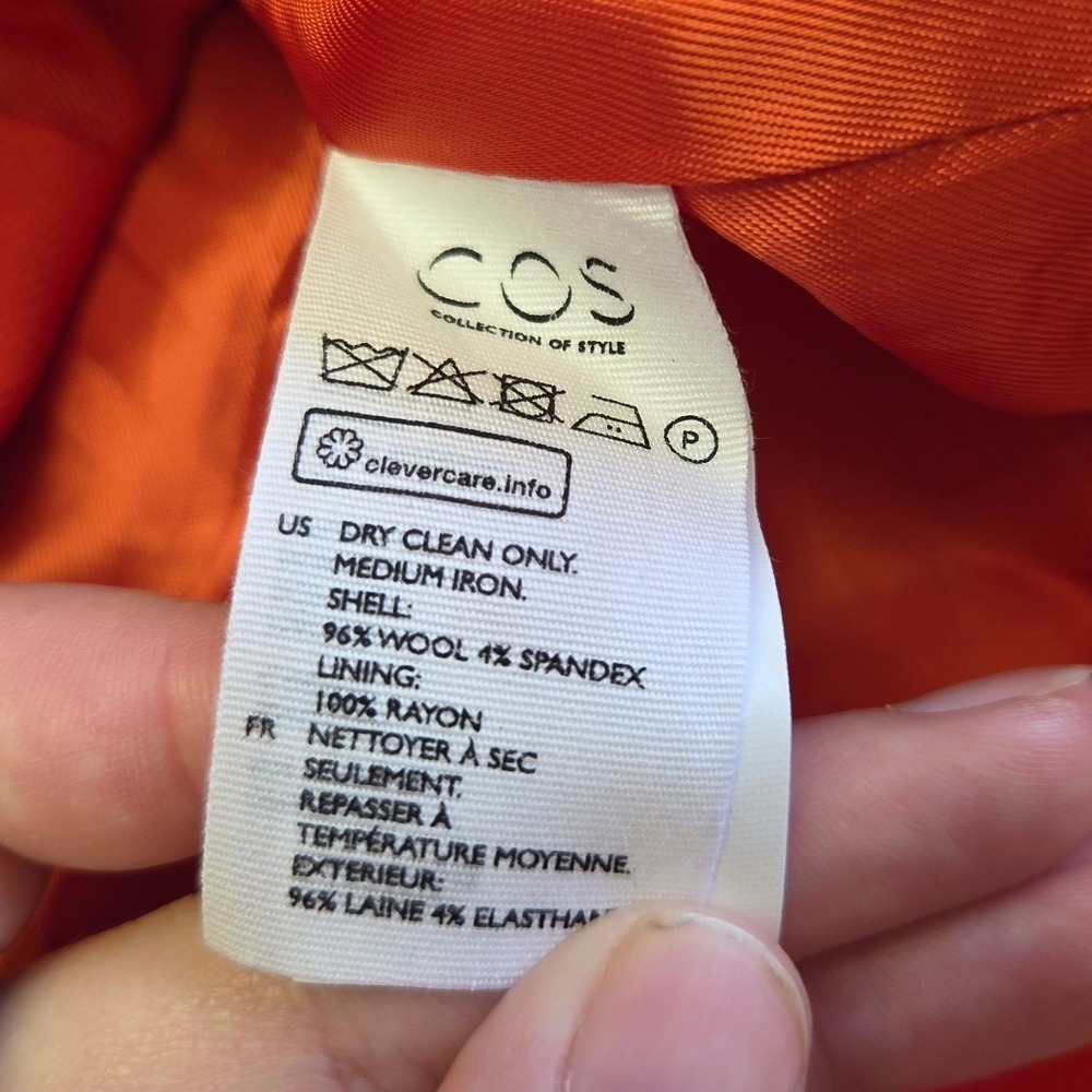 COS Orange Wool Blend Belted Collarless Dress Womens Size 6 Patch Pockets - Picture 7 of 7